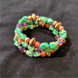 CAROLYN POLLACK Relios 925 Turquoise,Rhodonite,Amethyst MemoryWire Cuff Bracelet